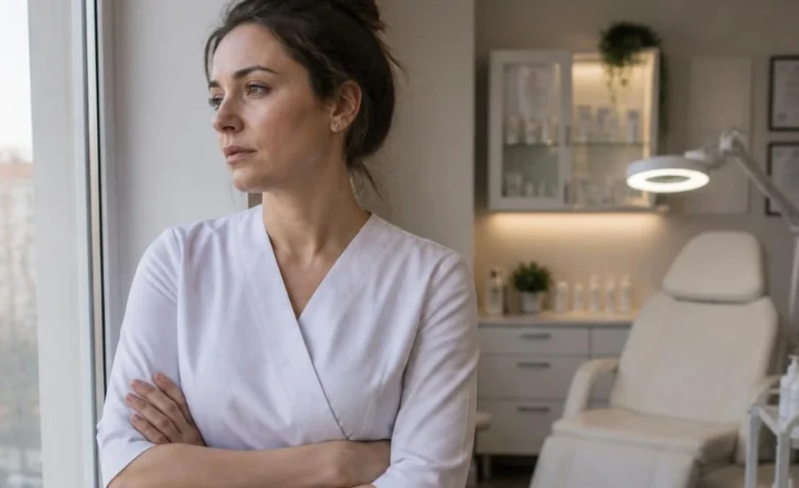 Nie radzę sobie w pracy i mam dość - zamyślona kosmetyczka przy oknie